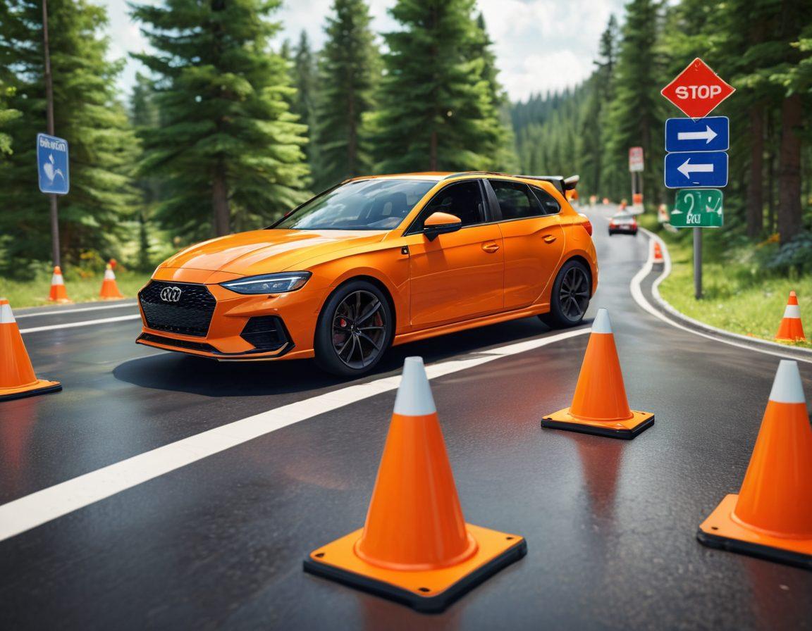 A dynamic scene featuring a car skillfully navigating through a challenging driving course, surrounded by road signs emphasizing safety and defensive driving techniques. The background showcases a vibrant landscape with trees and safety cones, while the car is depicted in motion, highlighting precision and control. Include icons representing vehicle performance metrics like speed, stability, and handling. super-realistic. vibrant colors. 3D.