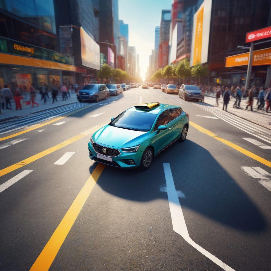 A modern car navigating through a busy urban landscape, surrounded by vivid traffic signs and friendly pedestrians, showcasing road safety practices like seatbelt usage and speed limits. Illustrate a bright sky with optimistic sunlight filtering through, symbolizing hope and awareness. Include elements like reflective road markings and an automated collision avoidance system on the dashboard, hinting at technology's role in safety. super-realistic. vibrant colors. 3D.