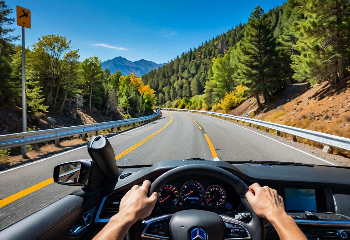 A focused and determined driver behind the wheel of a sleek car, demonstrating defensive driving techniques on a winding road. Surrounding the car are vibrant visual cues like traffic signs, safety icons, and arrows highlighting proper maneuvers and awareness. The scene is dynamic, capturing the importance of alertness and strategy in driving. A backdrop of trees and mountains adds depth, while a clear blue sky creates an inspiring atmosphere. super-realistic. vibrant colors. dynamic composition.